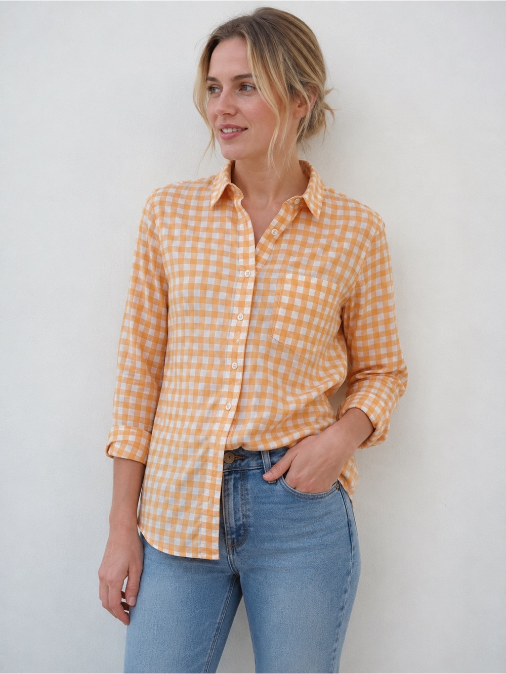 J.Crew Women’s Gingham Button-Up Shirt Orange White Cotton Petite Large LP